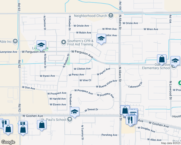 map of restaurants, bars, coffee shops, grocery stores, and more near 5650 W Perez Ave in Visalia