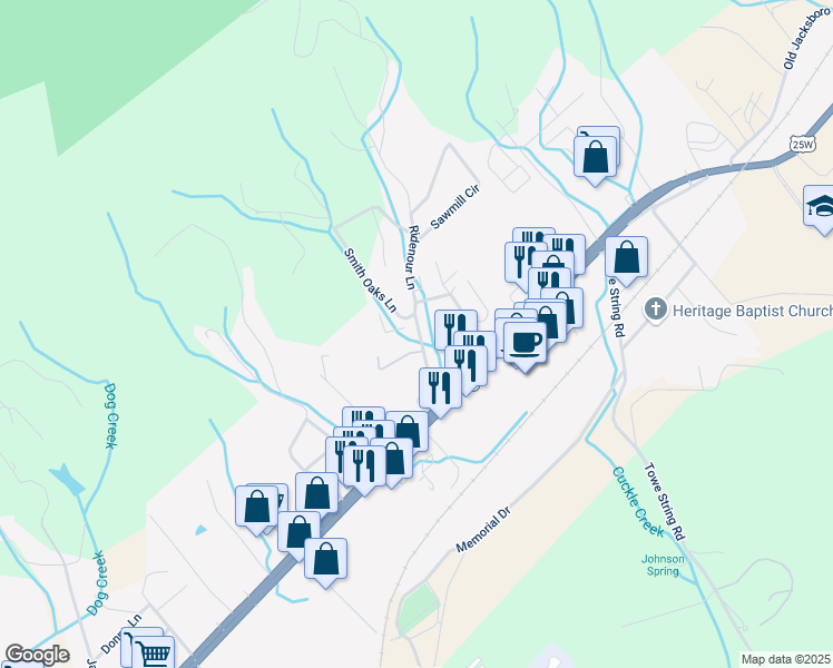 map of restaurants, bars, coffee shops, grocery stores, and more near 131 Ridenour Lane in Jacksboro