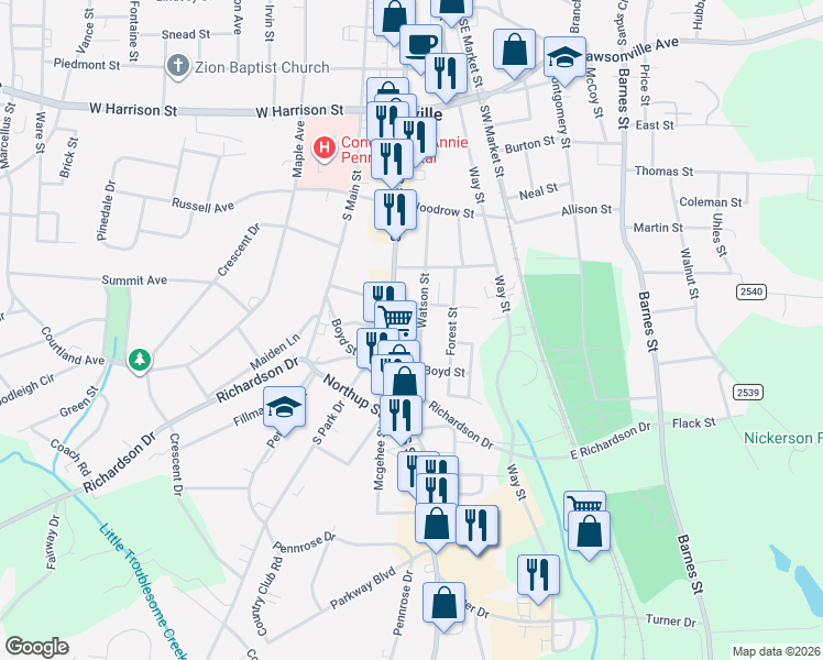 map of restaurants, bars, coffee shops, grocery stores, and more near 911 Watson Street in Reidsville