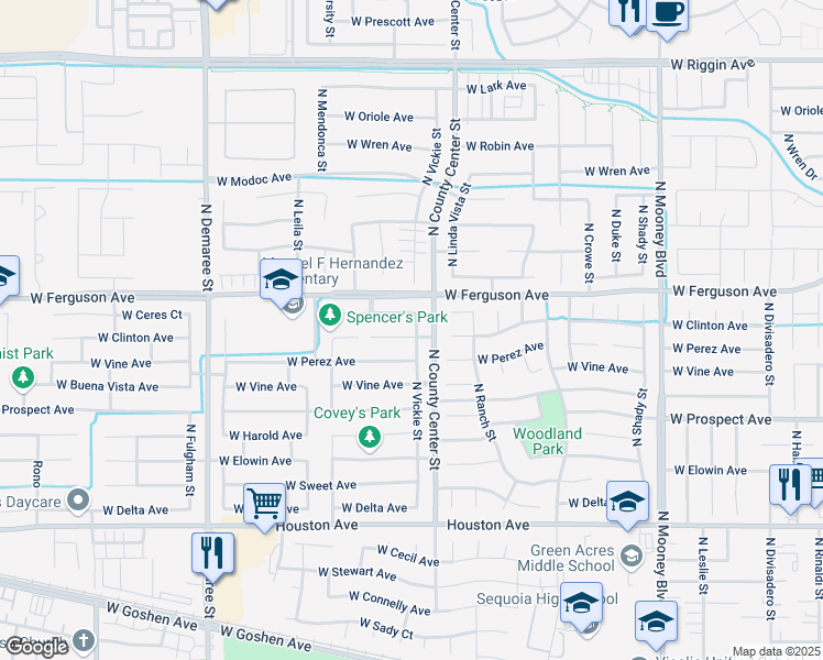 map of restaurants, bars, coffee shops, grocery stores, and more near 2936 West Clinton Court in Visalia