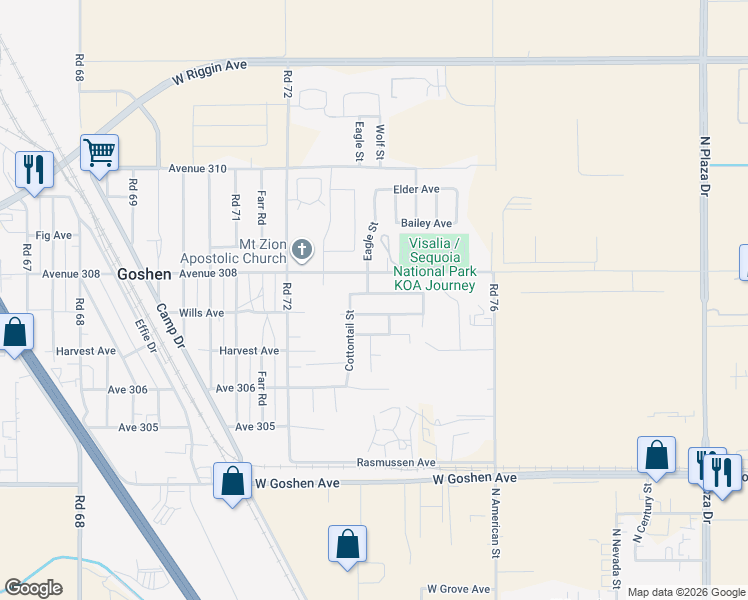 map of restaurants, bars, coffee shops, grocery stores, and more near 7367 Ensminger Avenue in Visalia