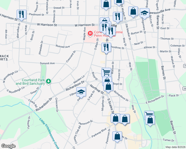 map of restaurants, bars, coffee shops, grocery stores, and more near 513 Silver Street in Reidsville