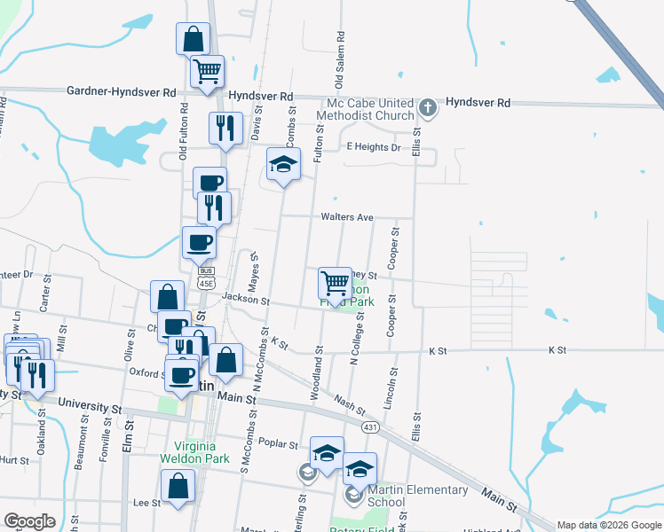 map of restaurants, bars, coffee shops, grocery stores, and more near 200 Cleveland Street in Martin