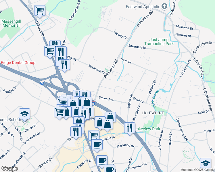 map of restaurants, bars, coffee shops, grocery stores, and more near 2320 Princeton Lane in Johnson City