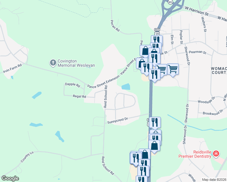 map of restaurants, bars, coffee shops, grocery stores, and more near 104 Sydney Court in Reidsville