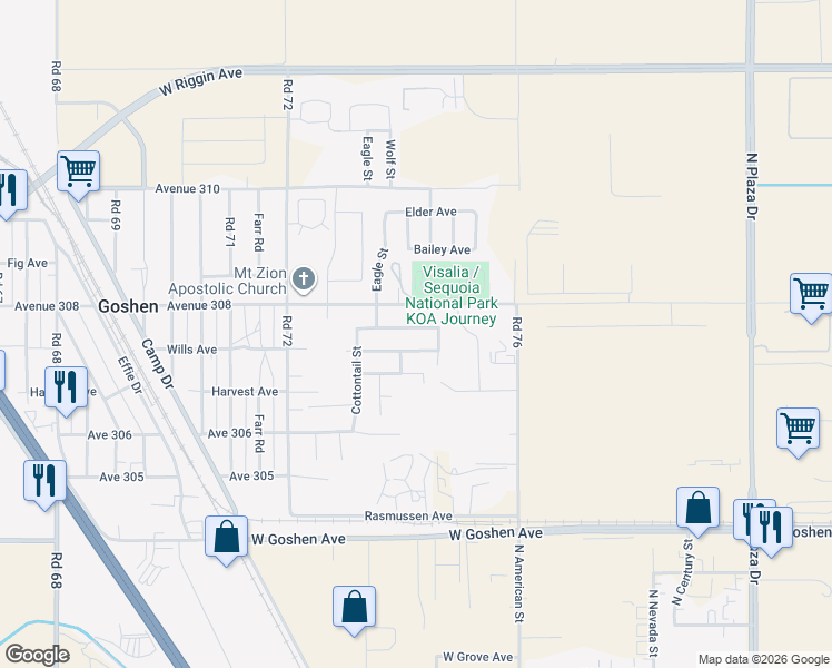 map of restaurants, bars, coffee shops, grocery stores, and more near 7367-7399 Ensminger Avenue in Visalia