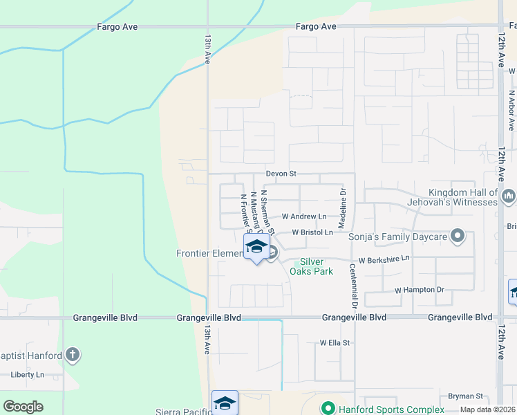 map of restaurants, bars, coffee shops, grocery stores, and more near 2350 West Andrew Lane in Hanford