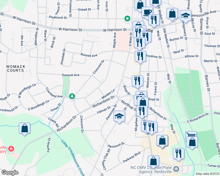 map of restaurants, bars, coffee shops, grocery stores, and more near 1114 Maiden Lane in Reidsville