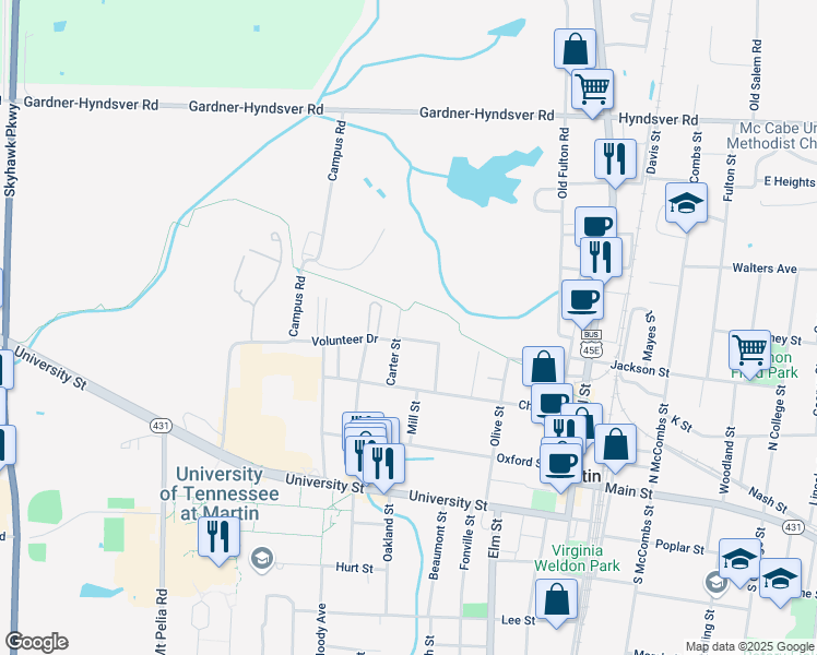 map of restaurants, bars, coffee shops, grocery stores, and more near 103 Volunteer Street in Martin