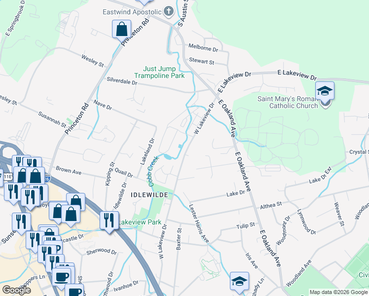map of restaurants, bars, coffee shops, grocery stores, and more near 1809 West Lakeview Drive in Johnson City