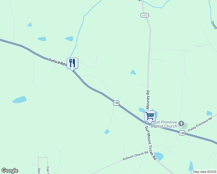 map of restaurants, bars, coffee shops, grocery stores, and more near 122 Old Surl Road in Roxboro