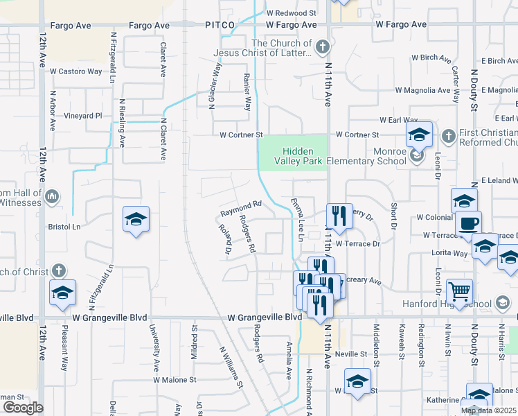 map of restaurants, bars, coffee shops, grocery stores, and more near 951 Raymond Road in Hanford