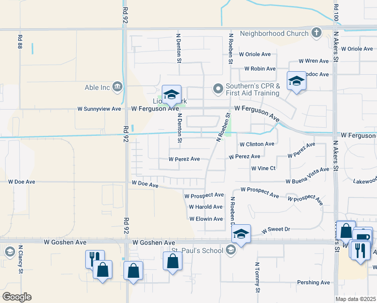 map of restaurants, bars, coffee shops, grocery stores, and more near 6343 West Clinton Court in Visalia