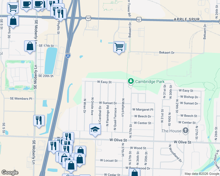 map of restaurants, bars, coffee shops, grocery stores, and more near 1303 North Flamingo Road in Rogers