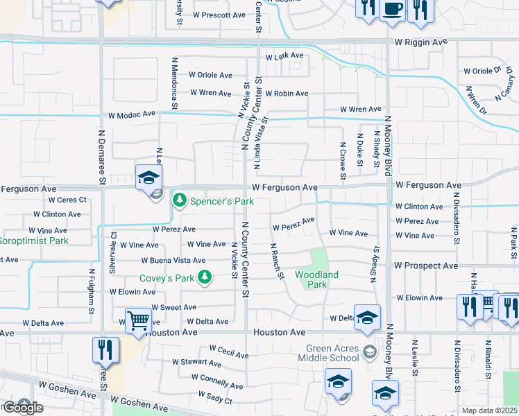 map of restaurants, bars, coffee shops, grocery stores, and more near 2740 West Clinton Court in Visalia