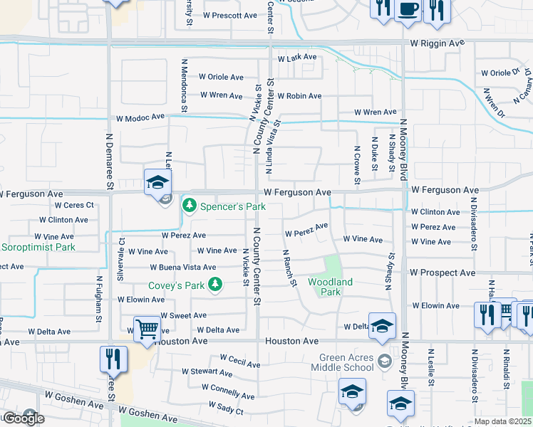 map of restaurants, bars, coffee shops, grocery stores, and more near 2746 West Clinton Court in Visalia