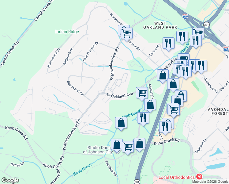 map of restaurants, bars, coffee shops, grocery stores, and more near 1084 West Oakland Avenue in Johnson City
