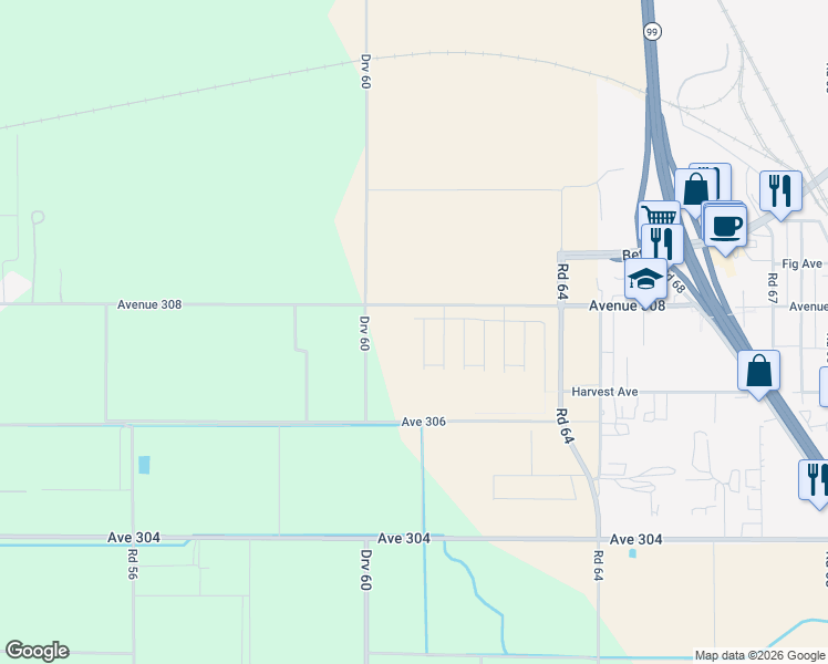 map of restaurants, bars, coffee shops, grocery stores, and more near 5999 Avenue 308 in Visalia