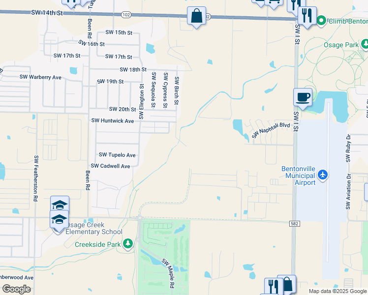 map of restaurants, bars, coffee shops, grocery stores, and more near 2303 Southwest Birch Street in Bentonville