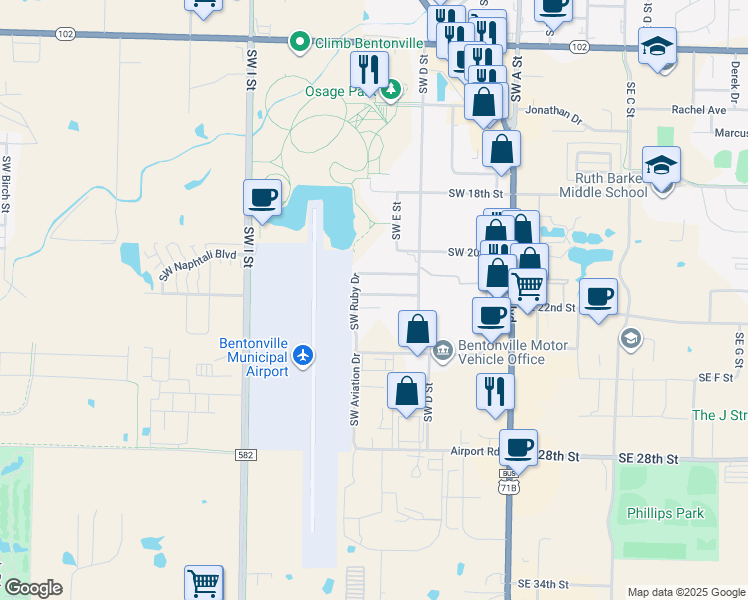 map of restaurants, bars, coffee shops, grocery stores, and more near 603 Southwest Pearl Drive in Bentonville