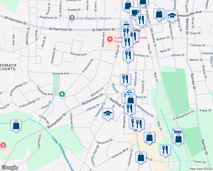 map of restaurants, bars, coffee shops, grocery stores, and more near 1117 South Main Street in Reidsville