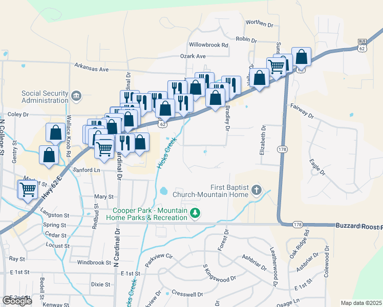 map of restaurants, bars, coffee shops, grocery stores, and more near 1301 Porter Lane in Mountain Home