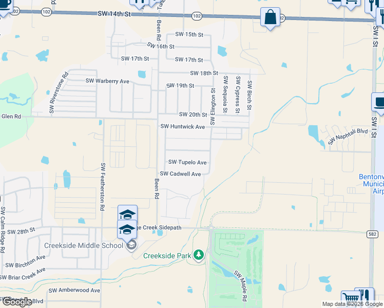 map of restaurants, bars, coffee shops, grocery stores, and more near 2306 Southwest Tupelo Avenue in Bentonville