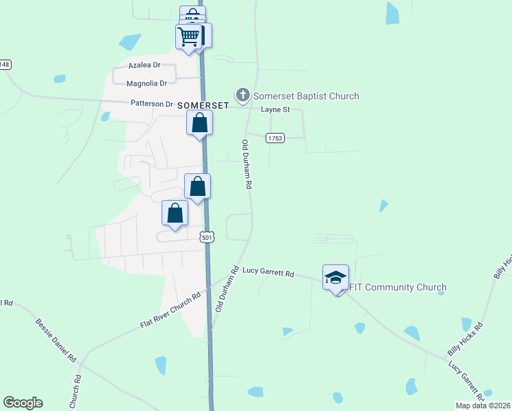 map of restaurants, bars, coffee shops, grocery stores, and more near 2195 Old Durham Road in Roxboro