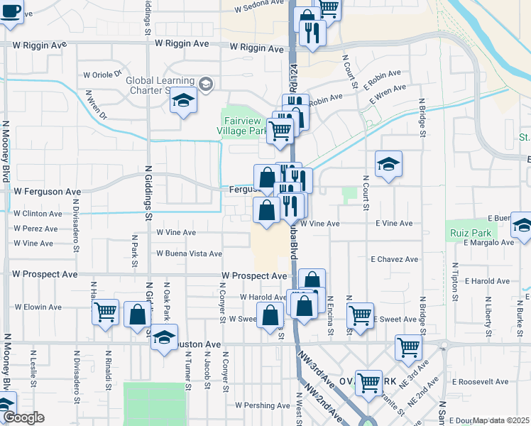 map of restaurants, bars, coffee shops, grocery stores, and more near 2025 North Dinuba Boulevard in Visalia