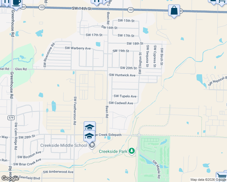 map of restaurants, bars, coffee shops, grocery stores, and more near 2502 Southwest Tupelo Avenue in Bentonville