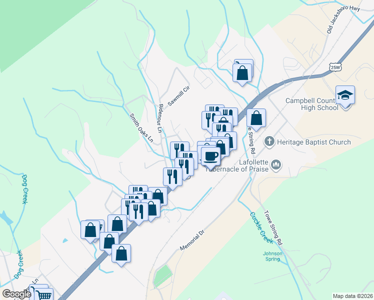 map of restaurants, bars, coffee shops, grocery stores, and more near 200 Ellison Road in LaFollette