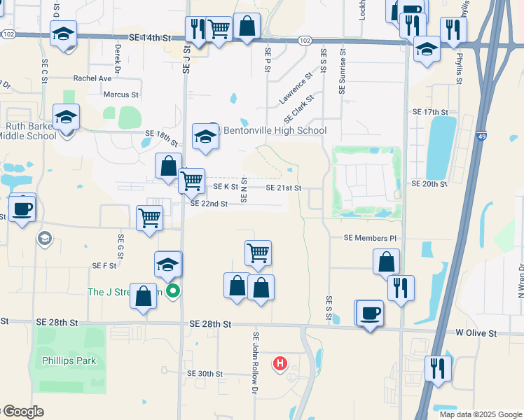 map of restaurants, bars, coffee shops, grocery stores, and more near 1408 Southeast 22nd Street in Bentonville