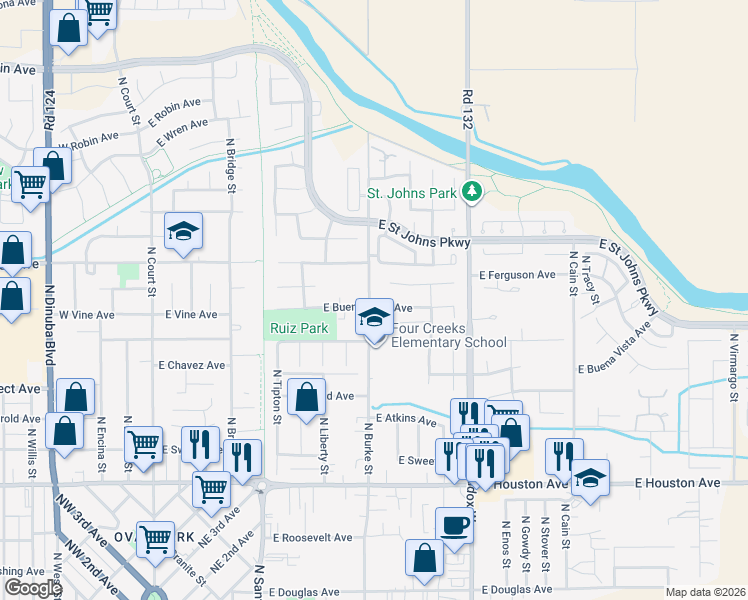 map of restaurants, bars, coffee shops, grocery stores, and more near 902 East Buena Vista Avenue in Visalia