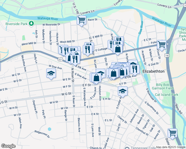 map of restaurants, bars, coffee shops, grocery stores, and more near 55 Lynn Avenue in Elizabethton