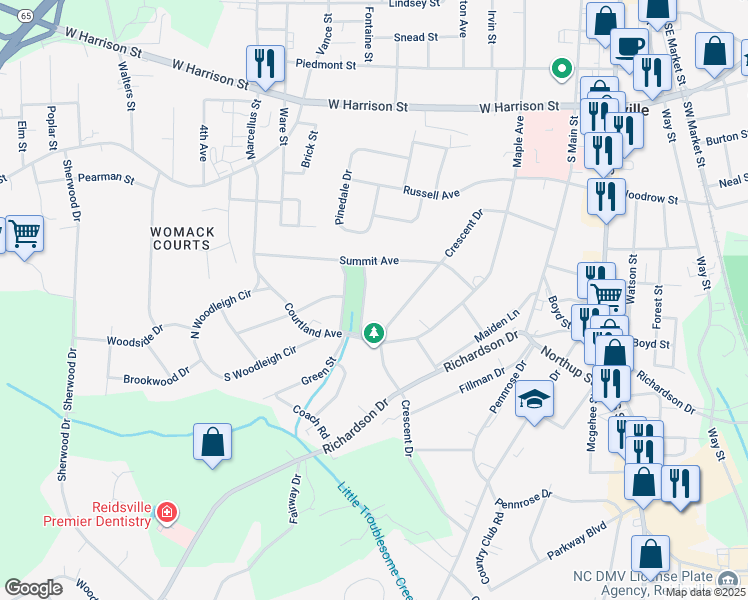 map of restaurants, bars, coffee shops, grocery stores, and more near 813 Spring Street in Reidsville