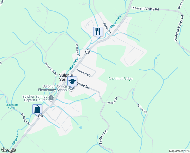 map of restaurants, bars, coffee shops, grocery stores, and more near 160 Hillcrest Circle in Jonesborough