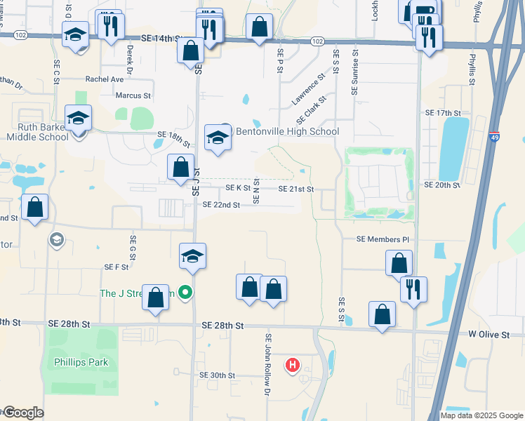 map of restaurants, bars, coffee shops, grocery stores, and more near 1408 Southeast 22nd Street in Bentonville