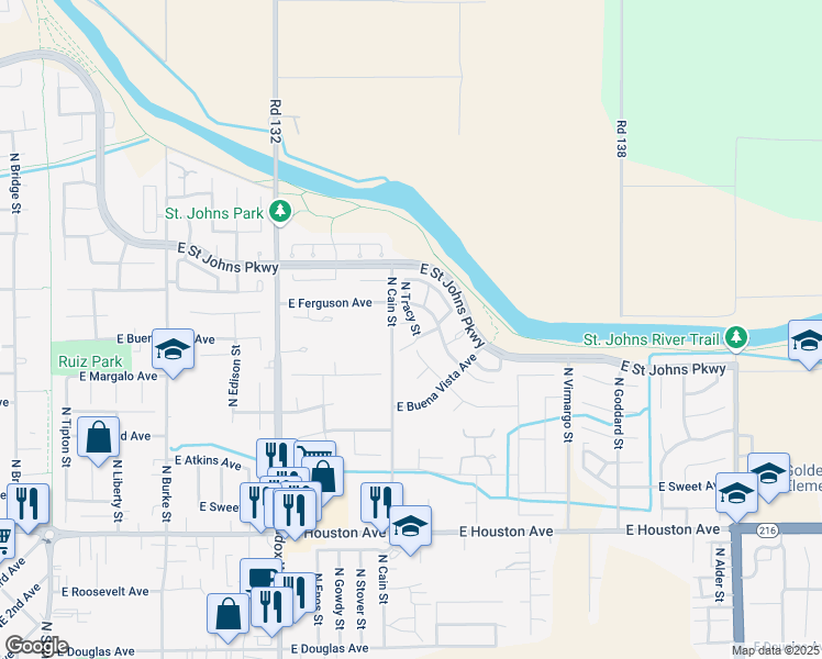 map of restaurants, bars, coffee shops, grocery stores, and more near 2109 North Tracy Street in Visalia