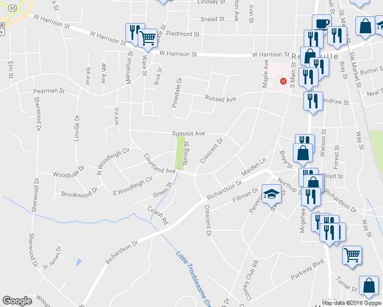 map of restaurants, bars, coffee shops, grocery stores, and more near 813 Spring Street in Reidsville