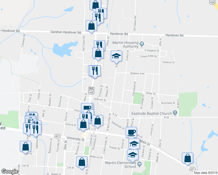 map of restaurants, bars, coffee shops, grocery stores, and more near 421 North McCombs Street in Martin