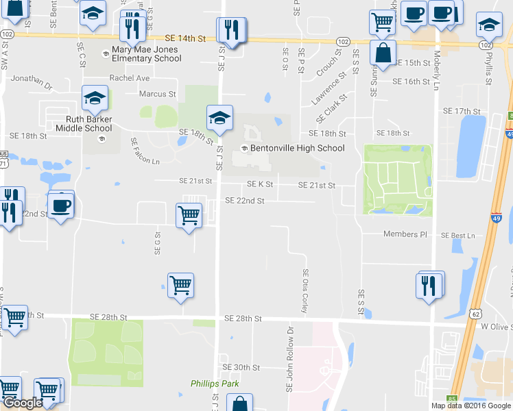 map of restaurants, bars, coffee shops, grocery stores, and more near 1206 Southeast 22nd Street in Bentonville