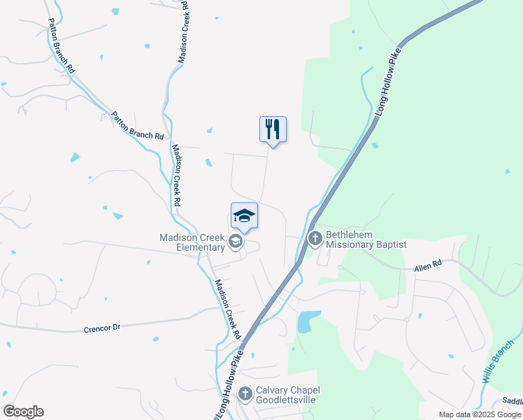 map of restaurants, bars, coffee shops, grocery stores, and more near 103 South Maple Ridge Lane in Goodlettsville