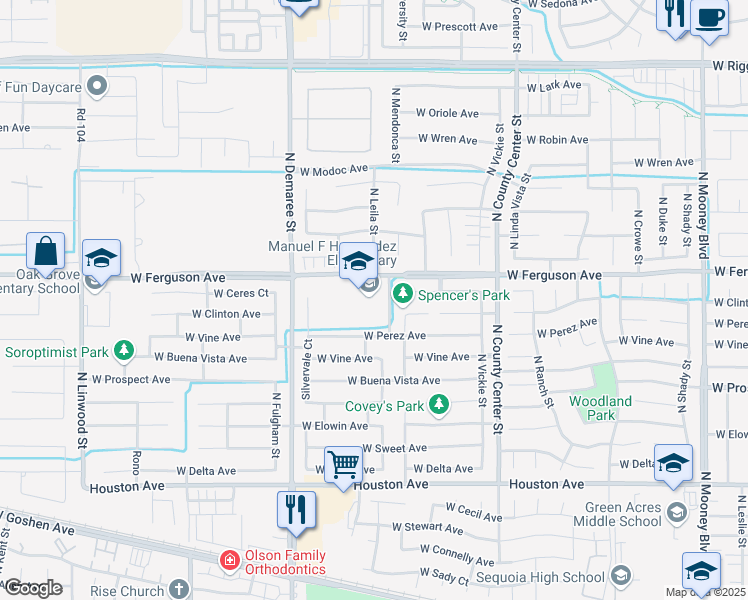 map of restaurants, bars, coffee shops, grocery stores, and more near 2133 North Leila Street in Visalia