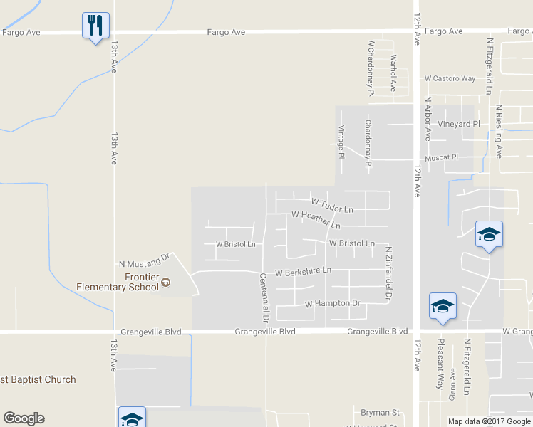 map of restaurants, bars, coffee shops, grocery stores, and more near Centennial Drive & West Heather Lane in Hanford
