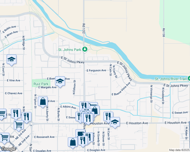 map of restaurants, bars, coffee shops, grocery stores, and more near 1431 East Ferguson Court in Visalia