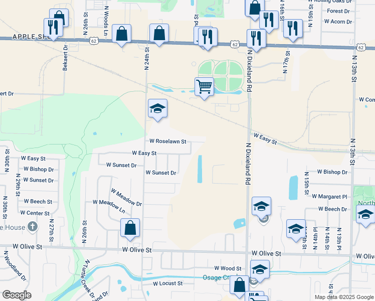 map of restaurants, bars, coffee shops, grocery stores, and more near 1213 North 22nd Place in Rogers