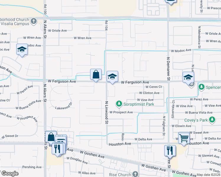 map of restaurants, bars, coffee shops, grocery stores, and more near 4445 West Ferguson Avenue in Visalia