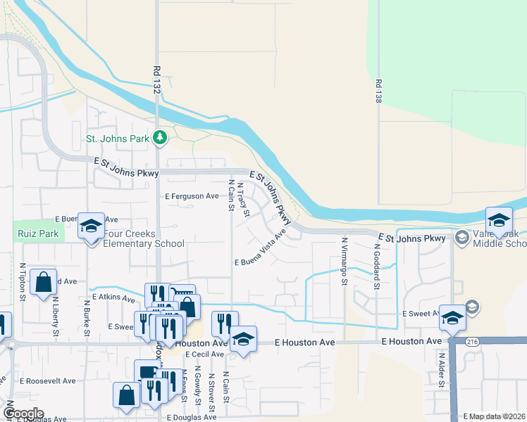 map of restaurants, bars, coffee shops, grocery stores, and more near 1901 East Vine Avenue in Visalia