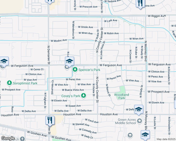 map of restaurants, bars, coffee shops, grocery stores, and more near 3009 West Ceres Avenue in Visalia