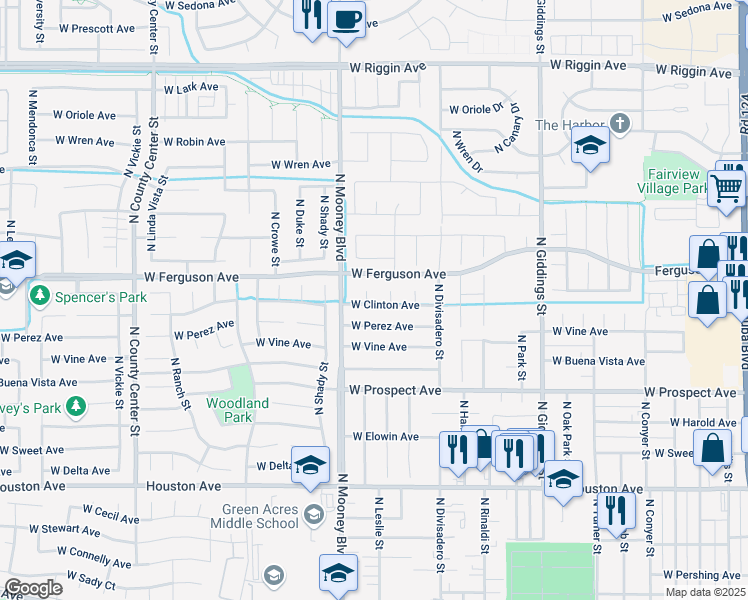 map of restaurants, bars, coffee shops, grocery stores, and more near 1936 W Ferguson Ave in Visalia